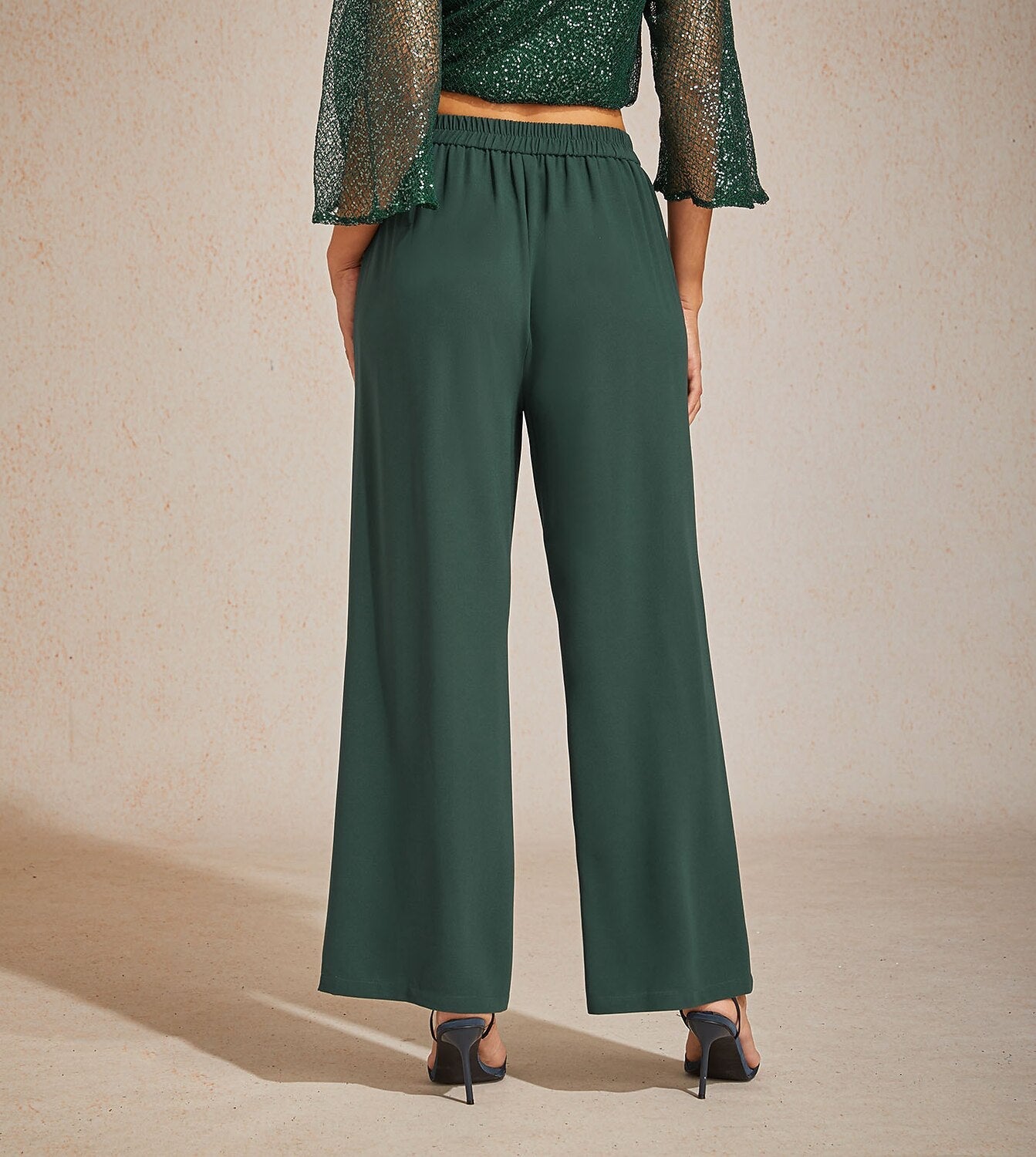 Mid-Rise Elastic Waist Wide-Leg Pants with Pockets