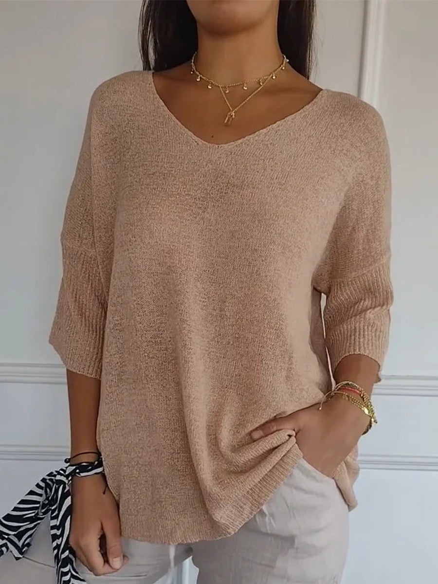 TINA™ - Solid Color Knitted V-Neck Sweater