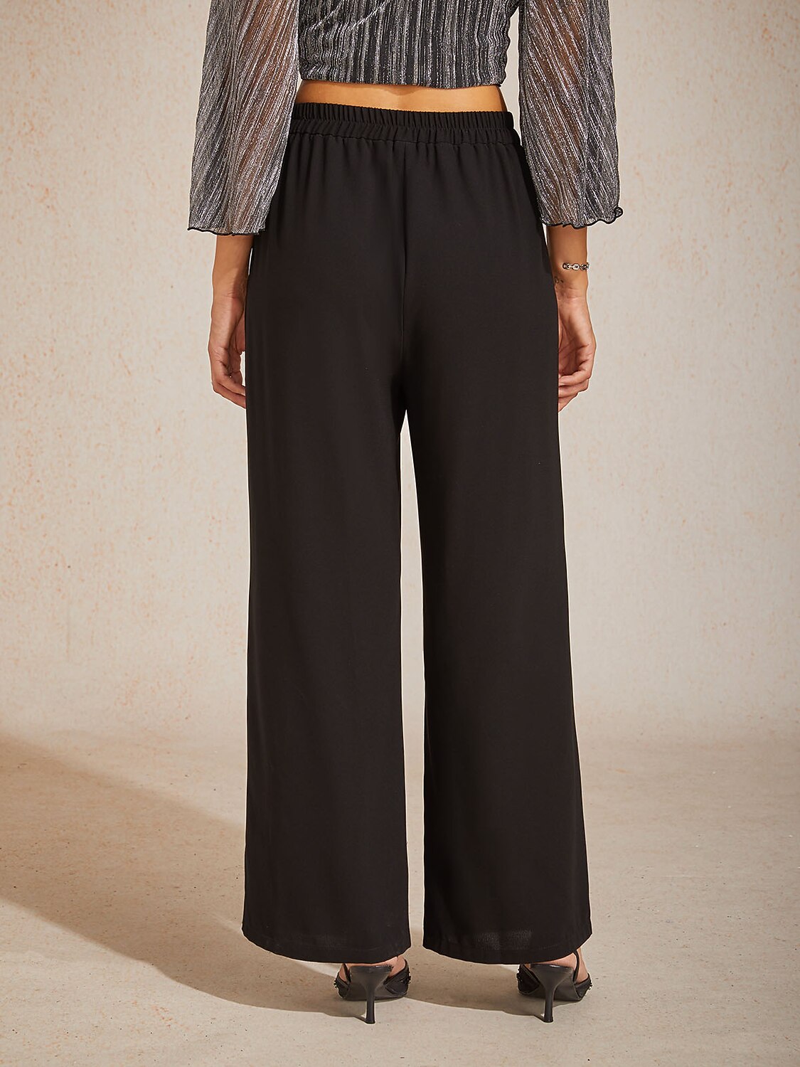Mid-Rise Elastic Waist Wide-Leg Pants with Pockets