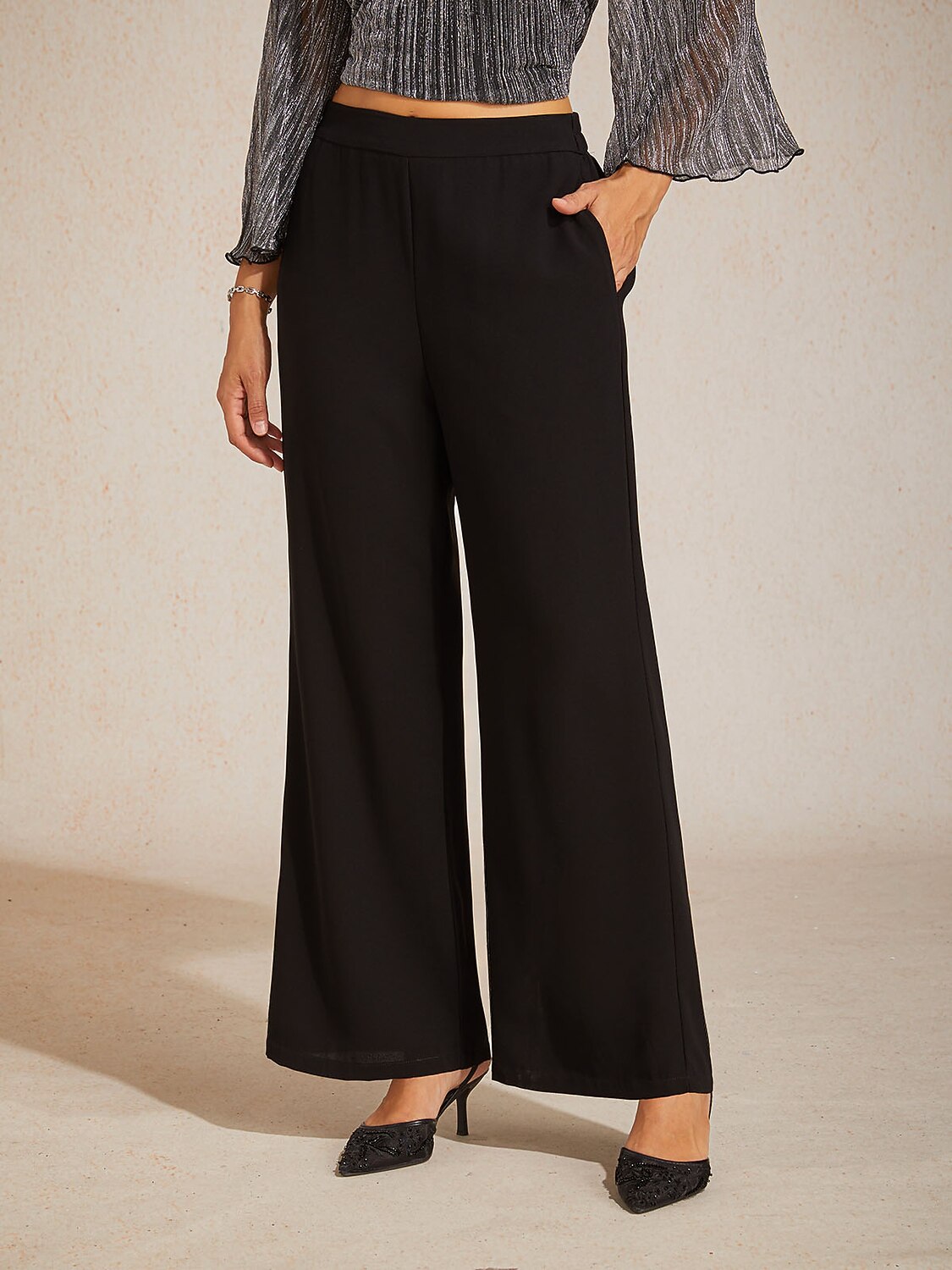 Mid-rise elastische taille wijde broek met zakken