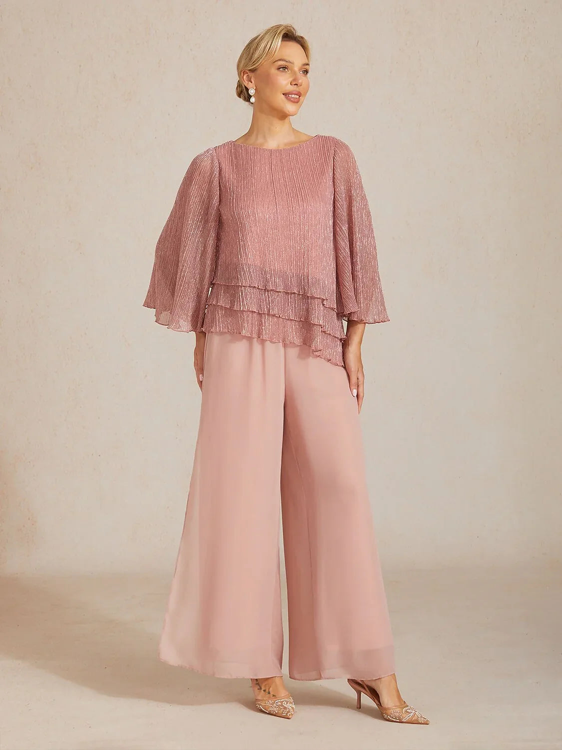 Metallische Geplooide Chiffon Asymmetrische Gelaagde Blouse