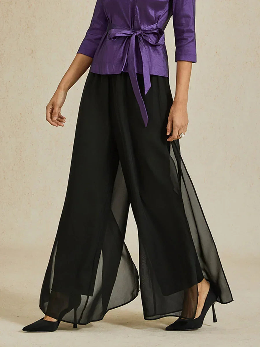 Rechte broek met chiffon split been overlay
