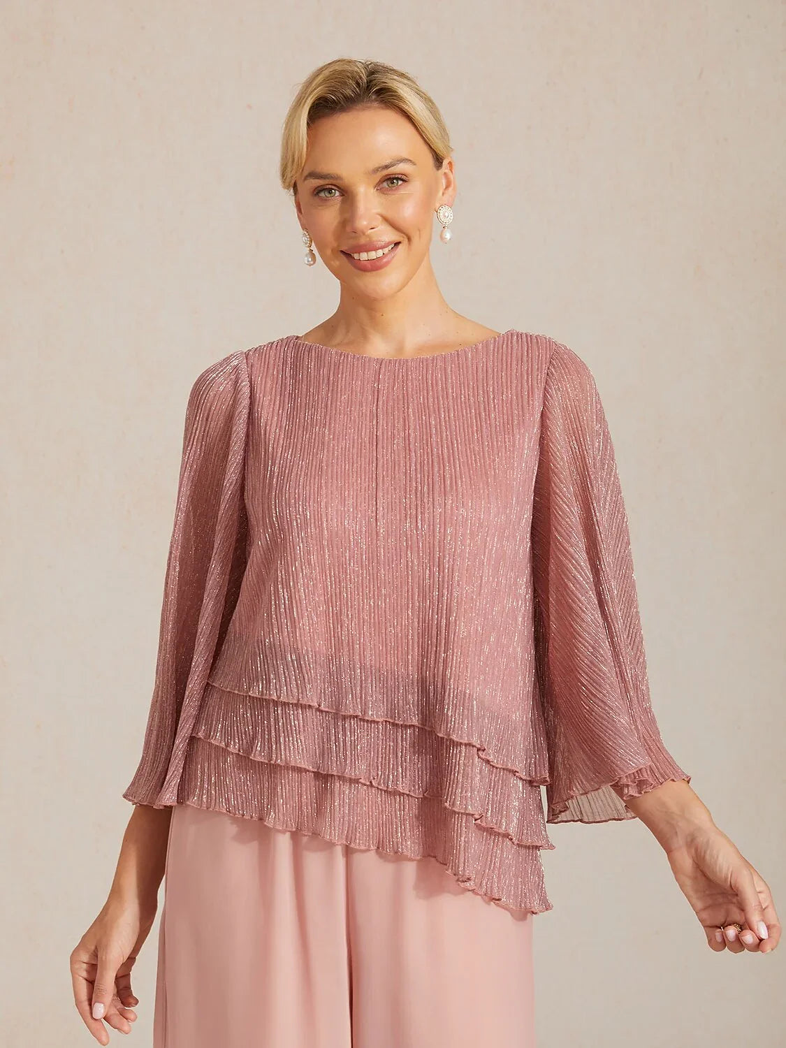 Metallisch Geplooide Chiffon Asymmetrische Gelaagde Blouse