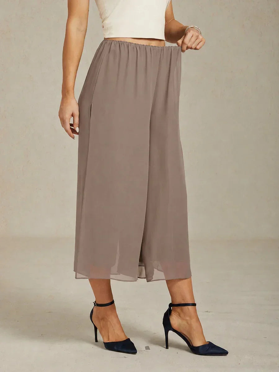 Cropped Length Straight Leg Pant With Chiffon Split Leg Overlay