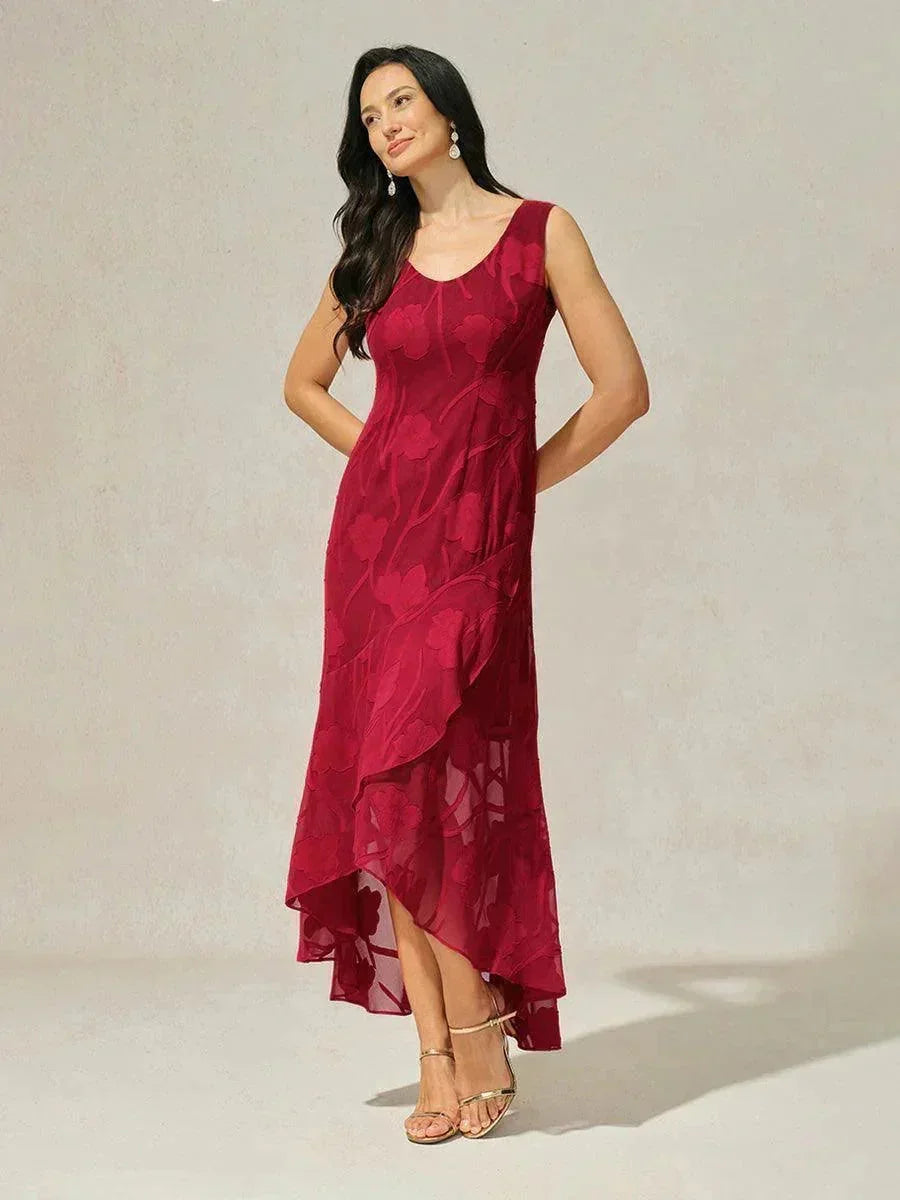 Mouwloze Chiffon Avondjurk met Bloemen en Asymmetrische Zoom