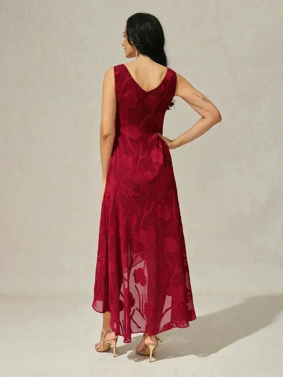 Mouwloze Chiffon Avondjurk Met Bloemenprint En Asymmetrische Zoom