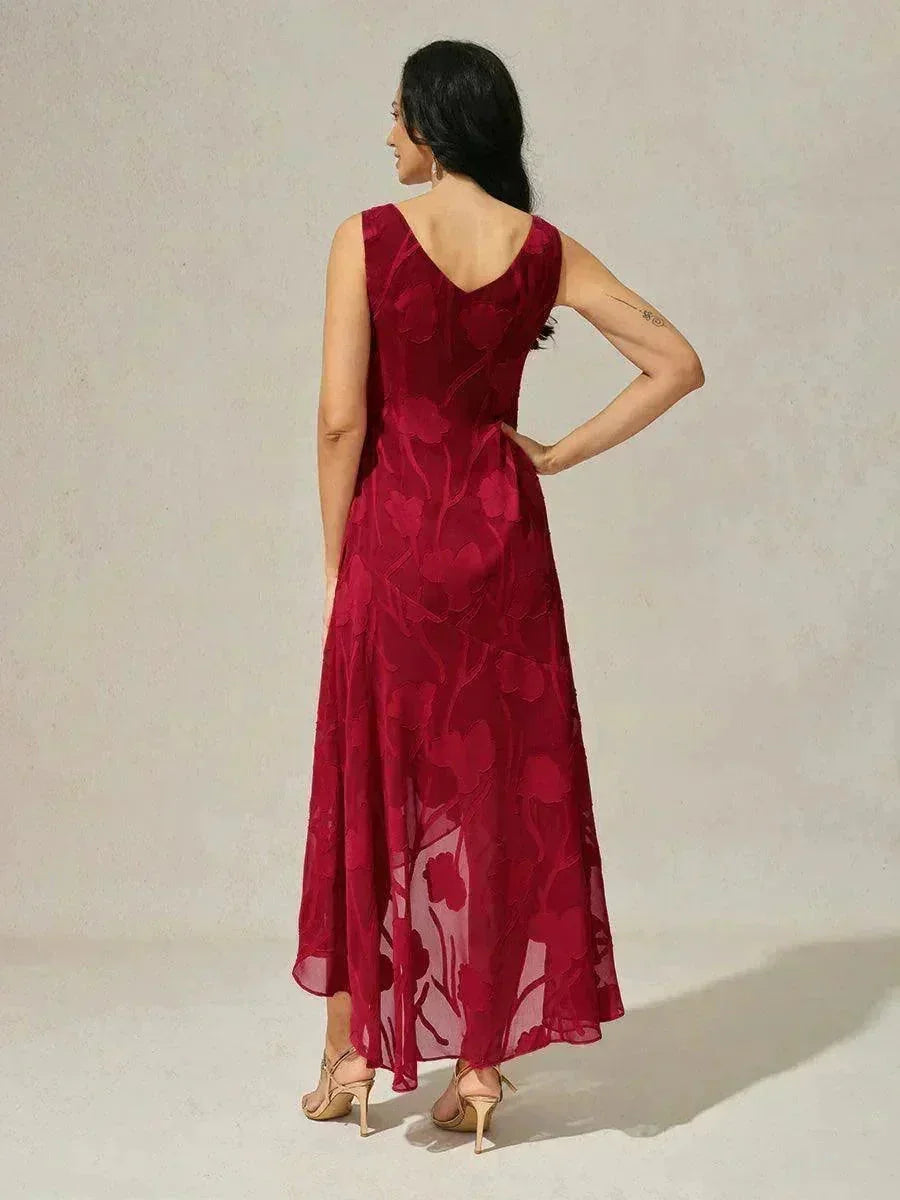 Chiffon Mouwloze Avondjurk Met Bloemenprint En Asymmetrische Zoom