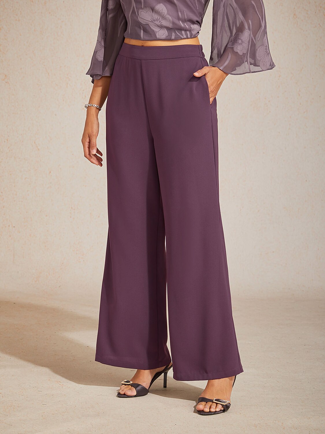 Mid-rise elastische taille wijde broek met zakken