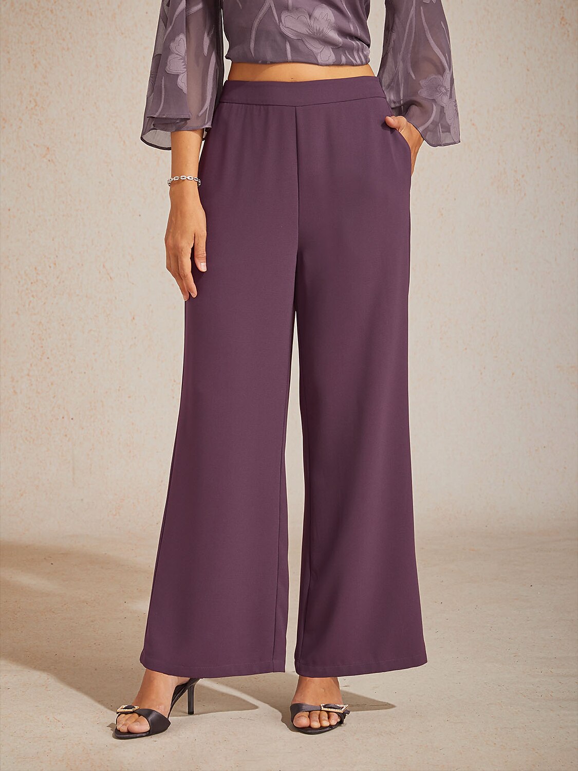 Mid-rise elastische taille wijde broek met zakken