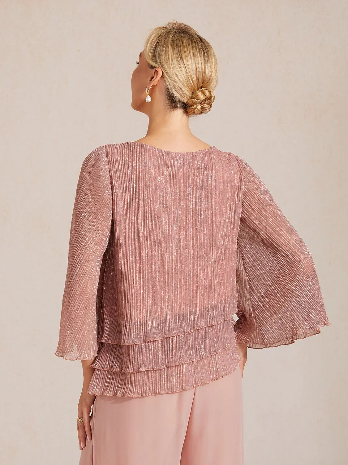 Metallisch Geplooide Chiffon Asymmetrische Gelaagde Blouse